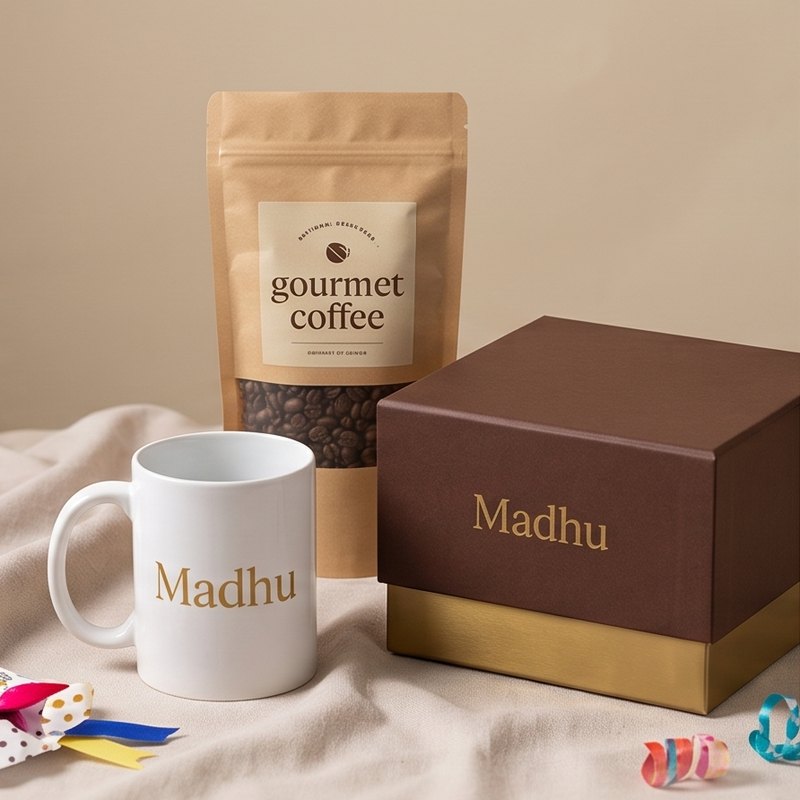 A mug and gift box printed with the name Madhu, with a bag of coffee