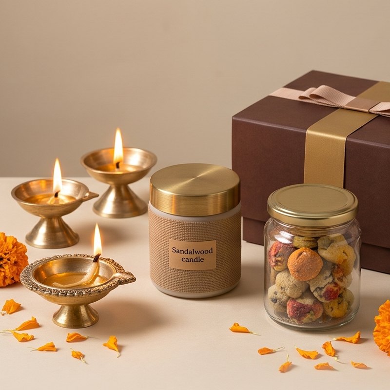 Brass diyas, a sandalwood candle, a jar of sweets and a ribboned gift box