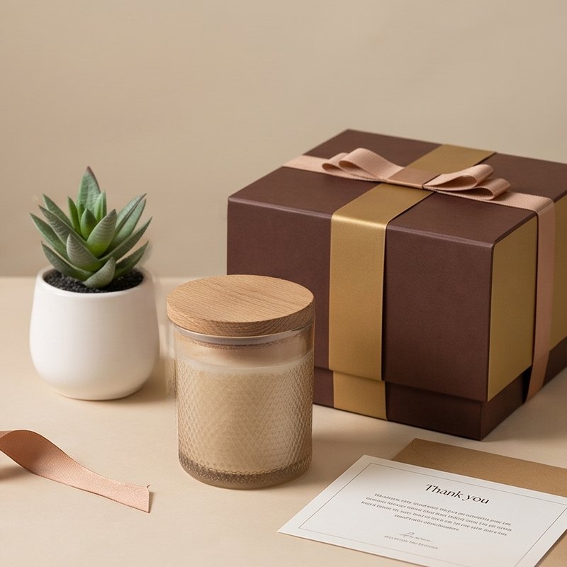 A succulent, a candle, a thank-you card and a ribboned gift box