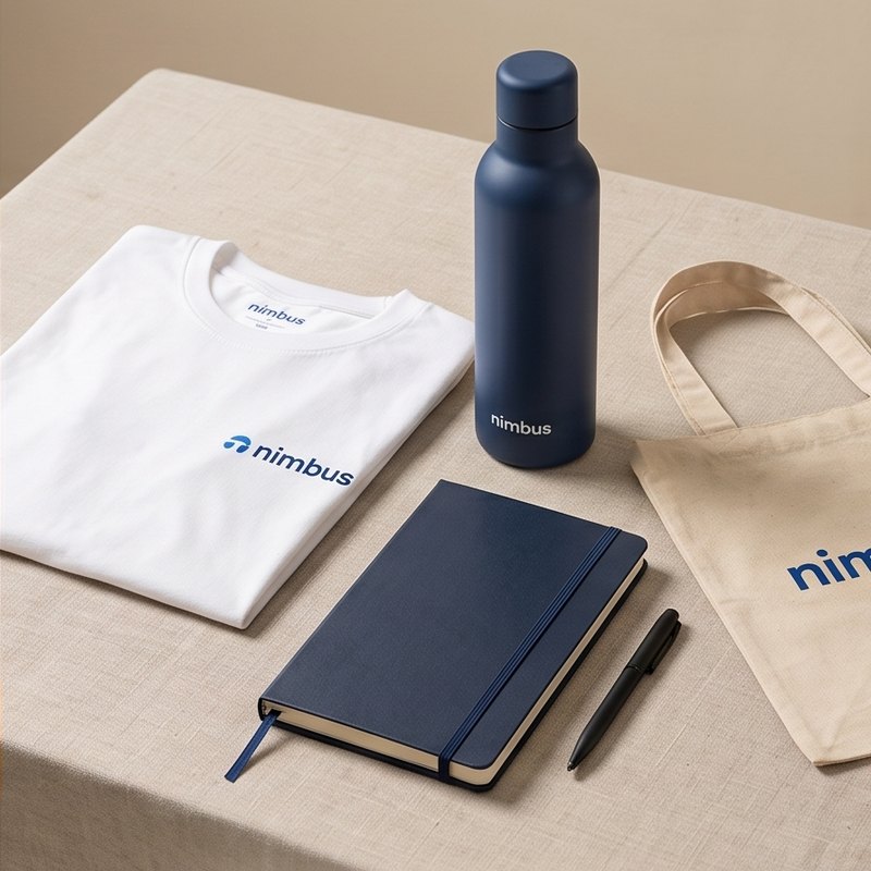 A branded tee, steel bottle, notebook, pen and tote