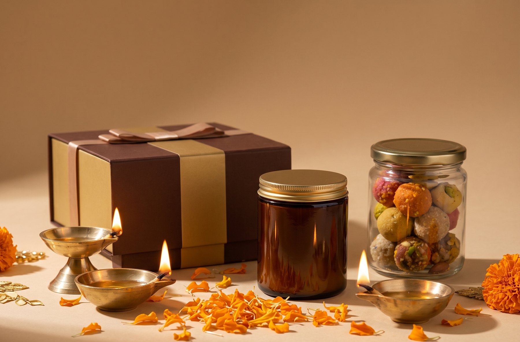 A Diwali hamper with a ribboned gift box, candle, jar of sweets, brass diyas and marigold petals